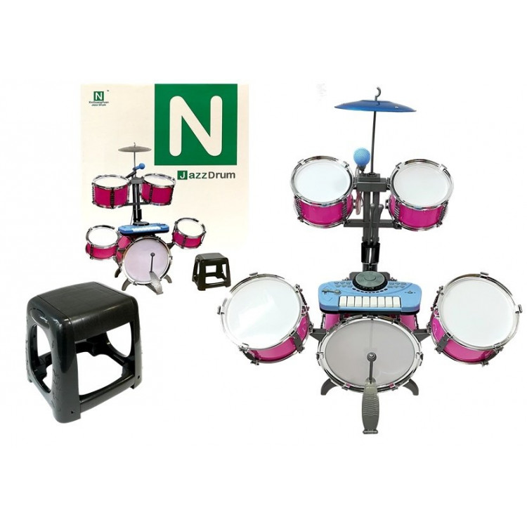 Bubny so stoličkou, klávesami a mikrofónom - ružové
